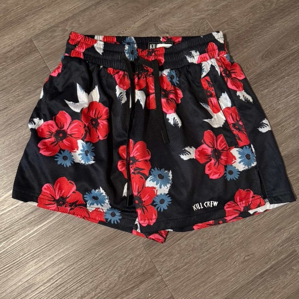 Kill Crew Black Shorts with Red and Blue Floral Design